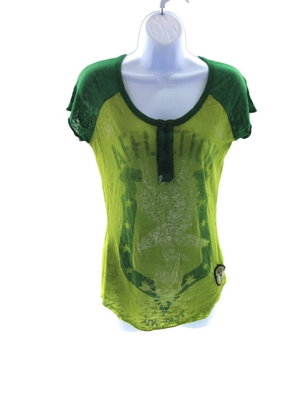 Affliction American Customs Women's M Green Burnout Rhinestone Y2K Shirt